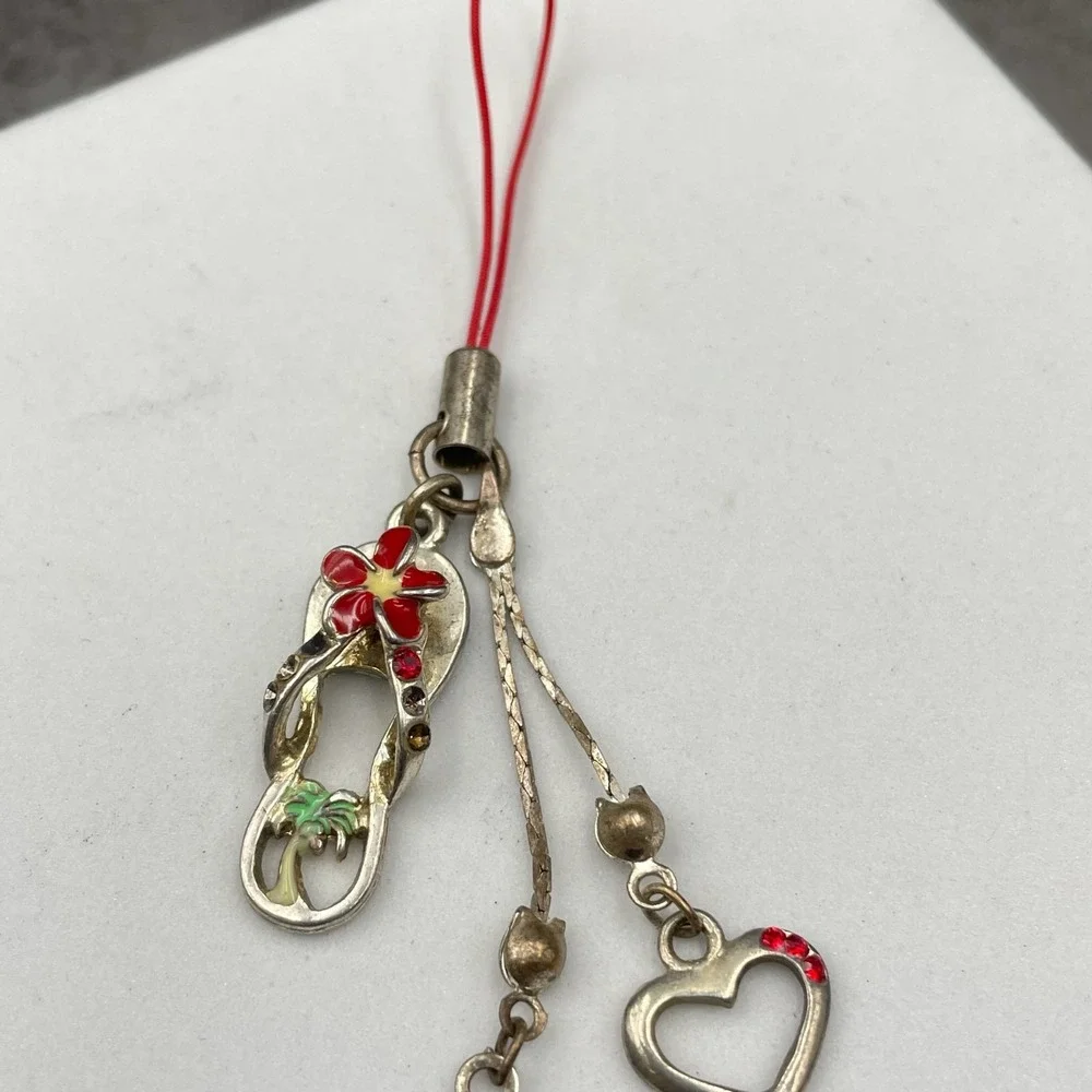 Y2K Silver-Tone Embellished Red Plumeria Flower Heart Dangle Cell Phone Charm